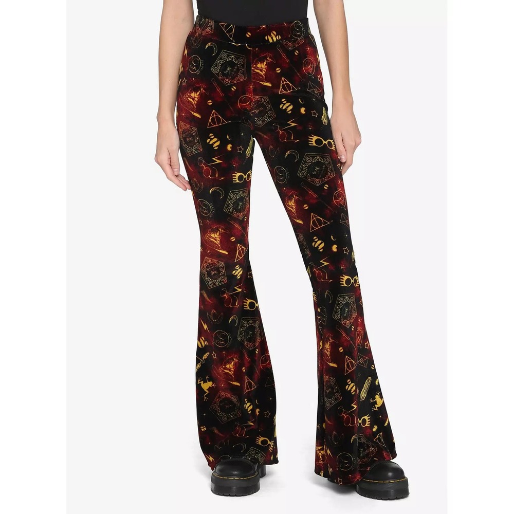 Harry Potter Leggings Womens XS Black Red Graphic Flare Stretch Wizarding Velvet